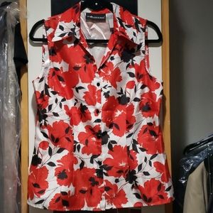 Floral red, black and white button down blouse